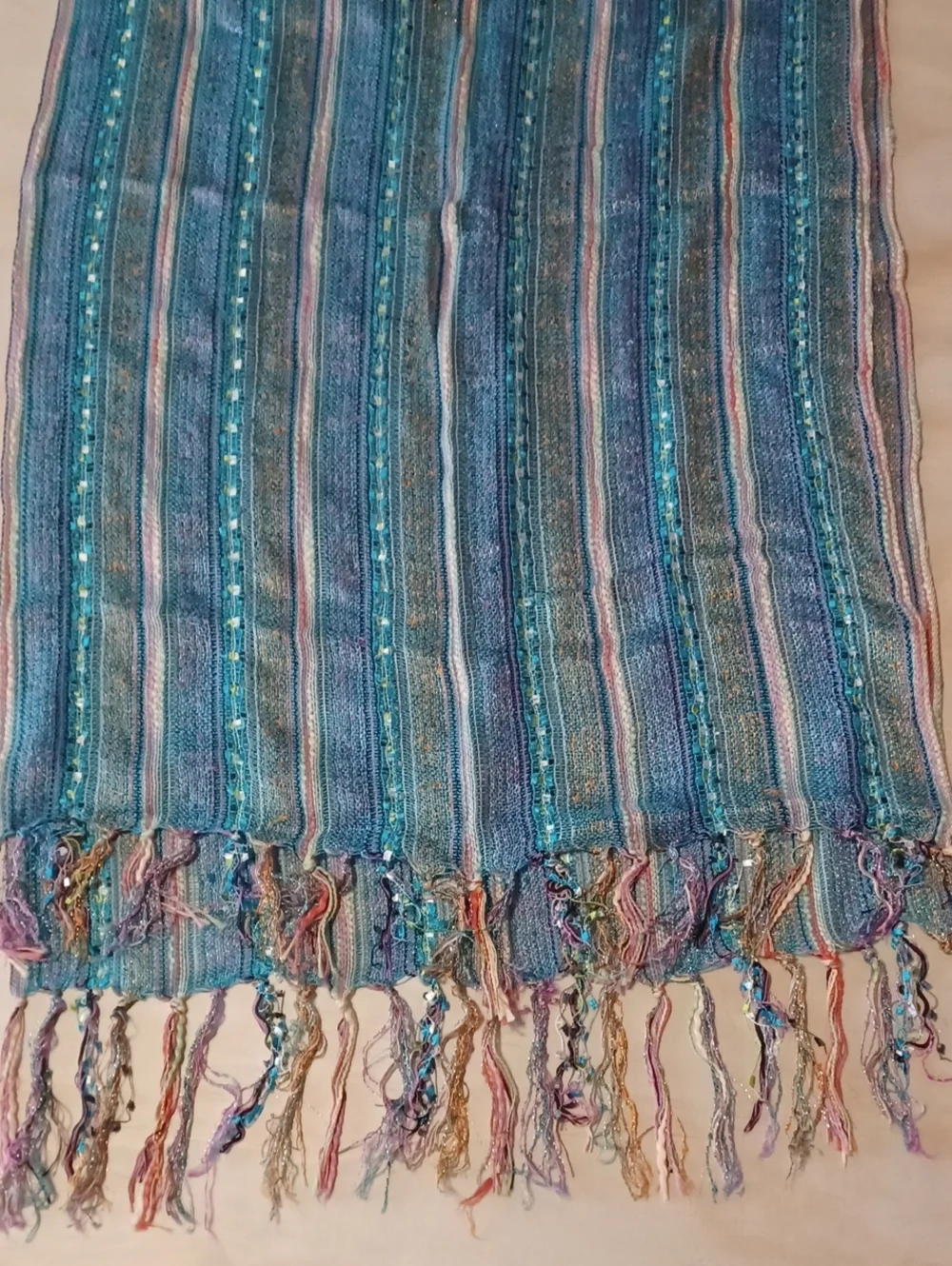 Boho Striped Fringe Scarf Shawl Wrap 72×20 Textured Open Knit Blue Pink Sparkle